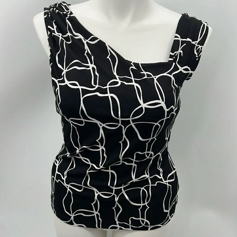 Worthington asymmetrical neckline black white blouse